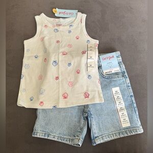Cat & Jack Toddler Girls White Shell Print Tank Top & Light Wash Denim Shorts